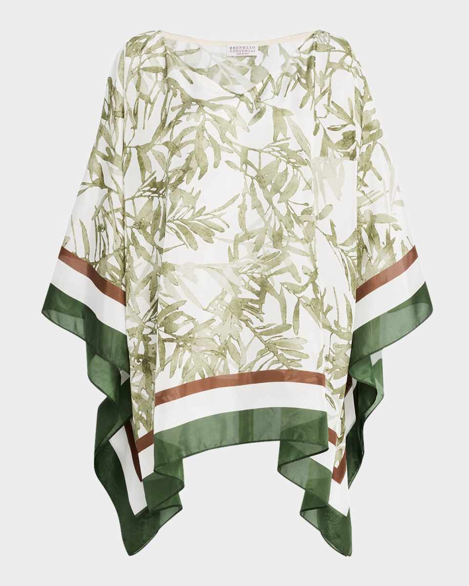 Herbarium-Print Silk Poncho